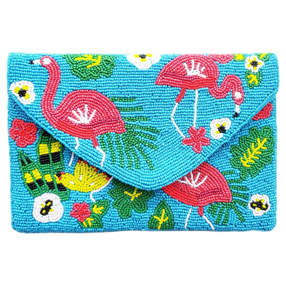 💕 ARATTA paradise hand embellished clutch flamingo print blue beaded NEW strap - Picture 2 of 7
